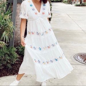Vestique White Tiered Dress with Flower Detailing